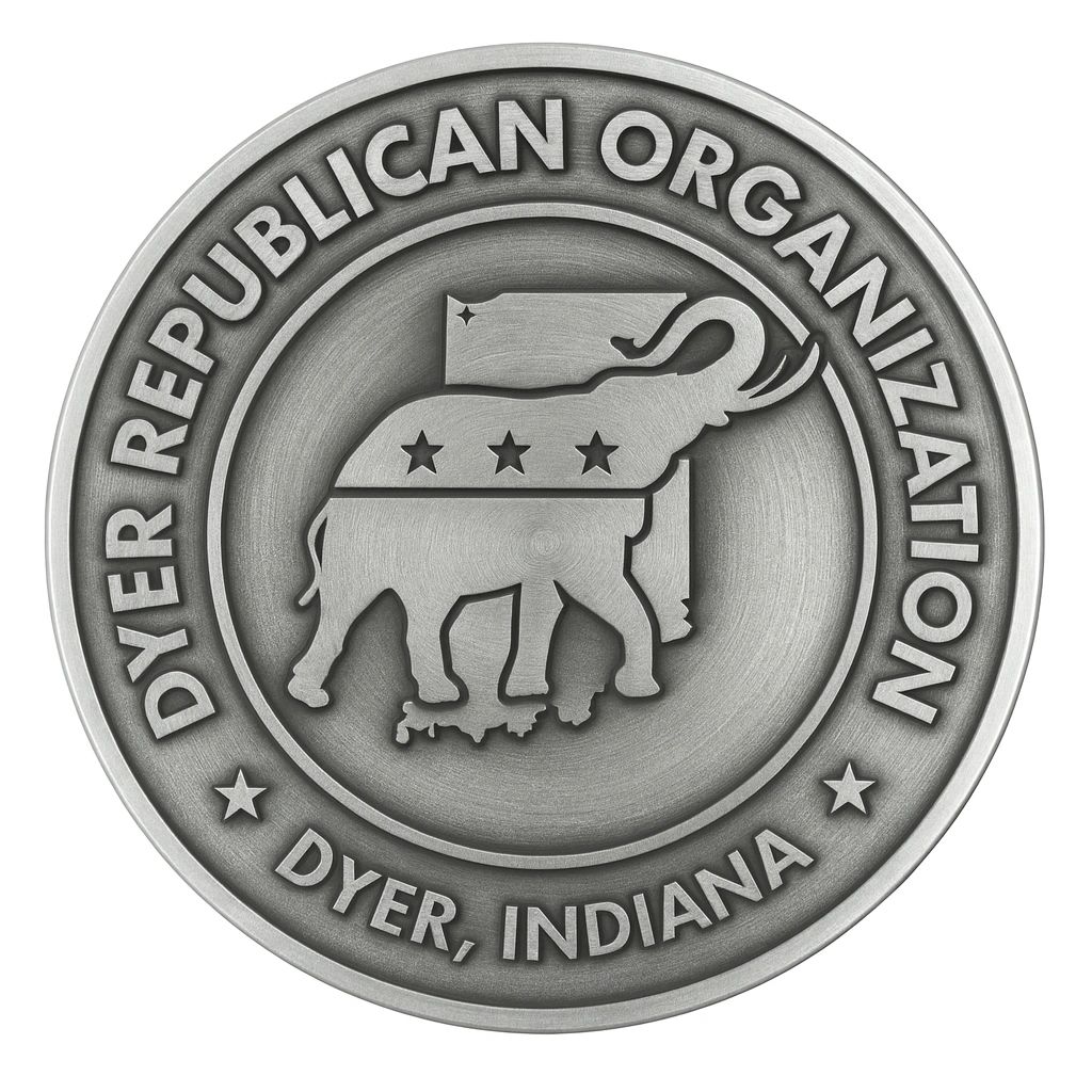 Metal emblem of Dyer Republican Organization, Dyer, Indiana, with an elephant symbol.