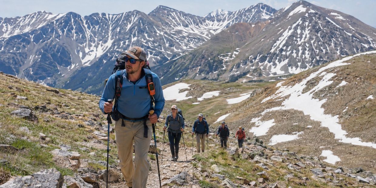 Group hiking up a mountain trail with snow-capped peaks.