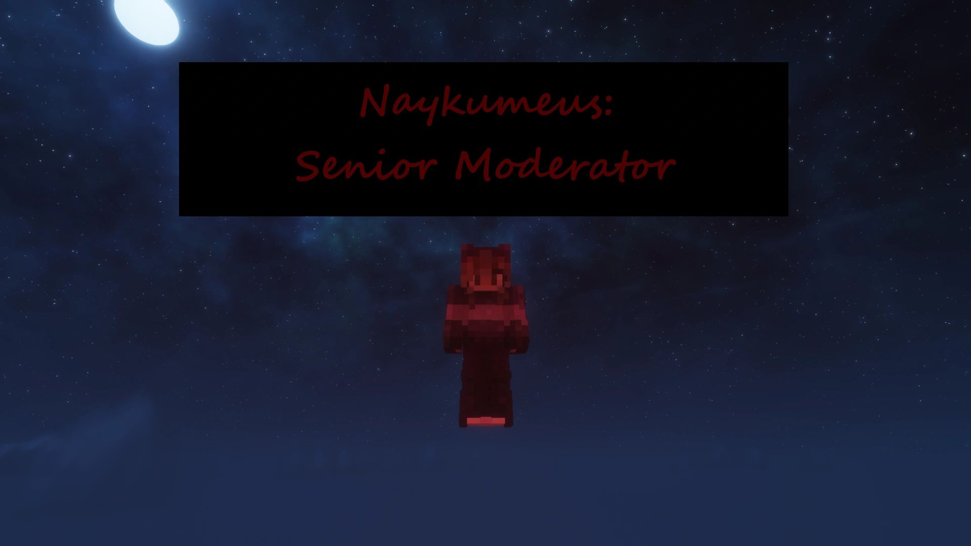 Minecraft character under night sky with moderator title.