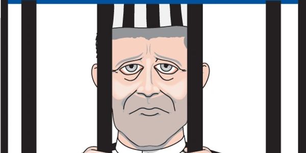 Cartoon of a sad prisoner behind bars wearing a striped prison uniform.