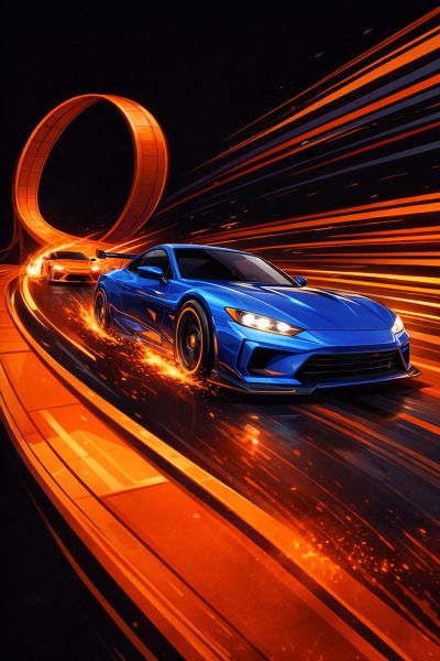 Two cars racing on a glowing, futuristic track with a loop.