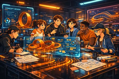 A diverse group of young designers collaborating on futuristic technology concepts.