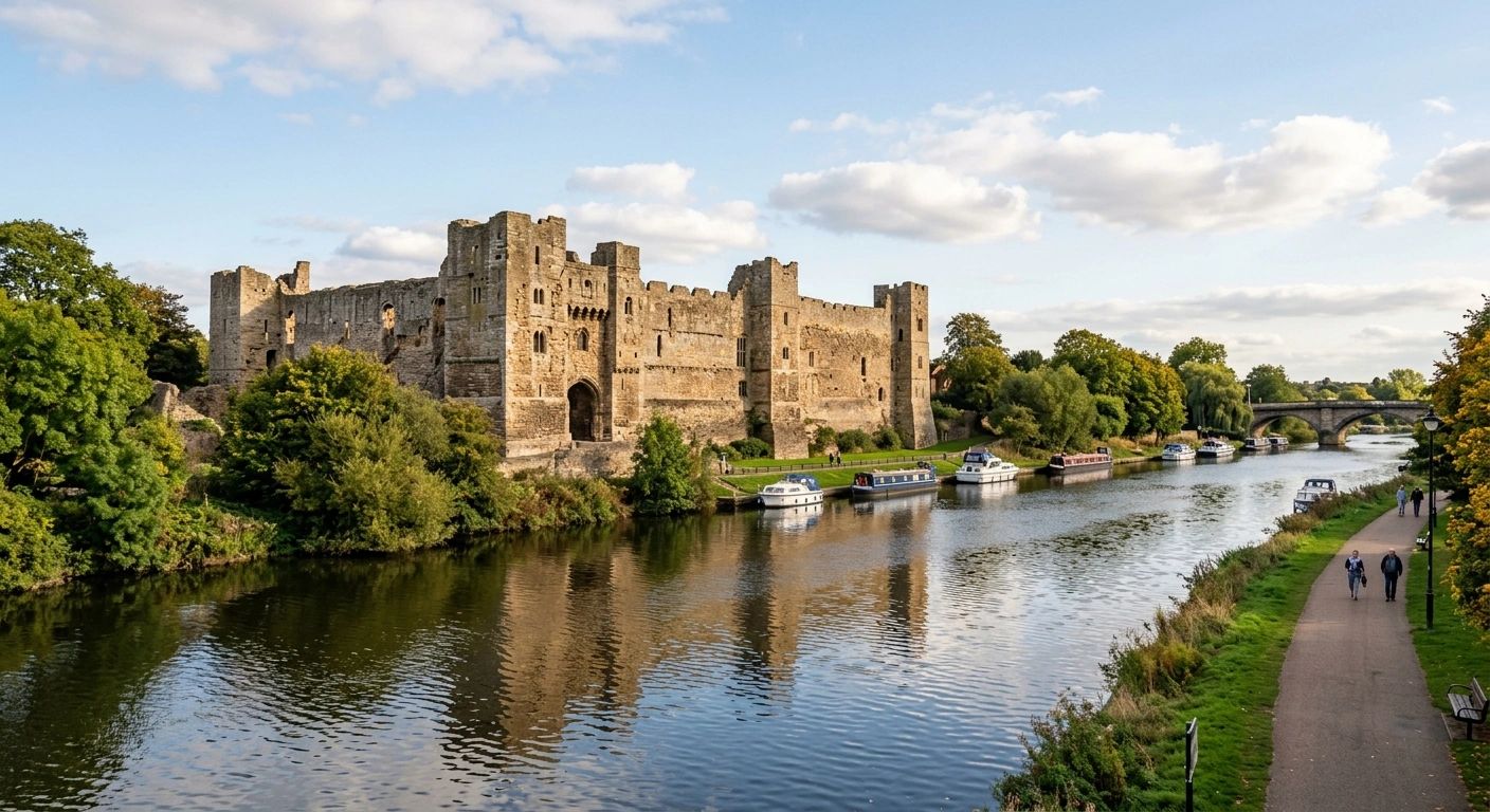 Historic castle by a riverside with boats moored along the bank.