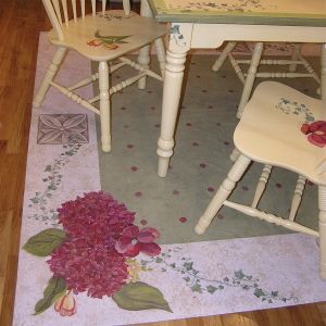 custom flower table, chairs and floorcloth