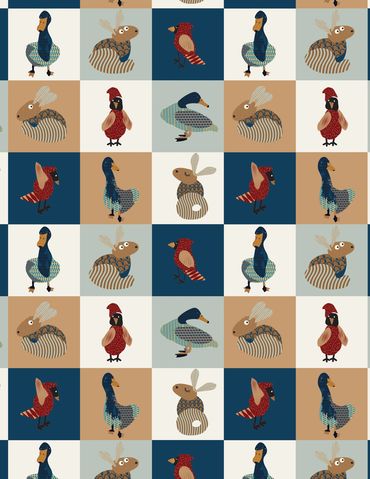 Pattern of stylized birds and rabbits in a grid of colorful squares.