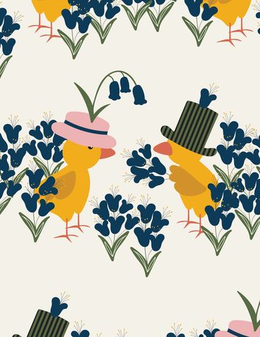 Cute chicks wearing hats among blue flowers in a whimsical pattern.