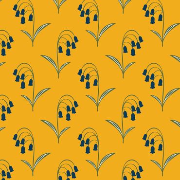 Stylized bluebell flowers pattern on mustard yellow background.