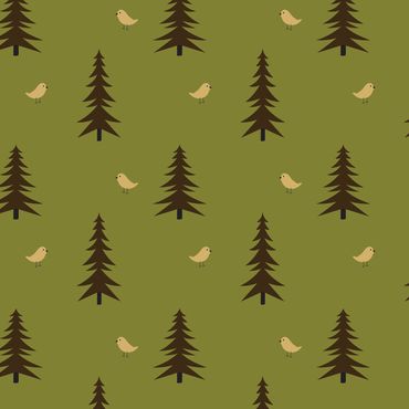 Pattern of brown pine trees and small beige birds on olive green background.