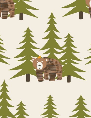 Cute cartoon bears among pine trees on a light background.