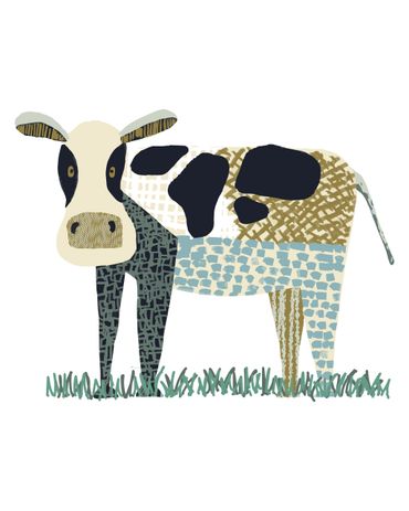 Abstract, patchwork-style cow illustration standing on grass.