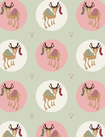 Pattern of festive reindeer with stockings and blankets in circles.