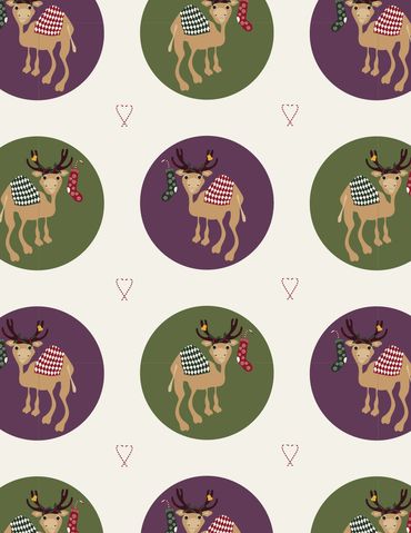 Pattern of reindeer with scarves and checkered blankets inside colored circles.