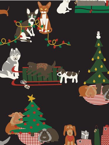 Illustration of various dogs celebrating Christmas with decorations and trees.