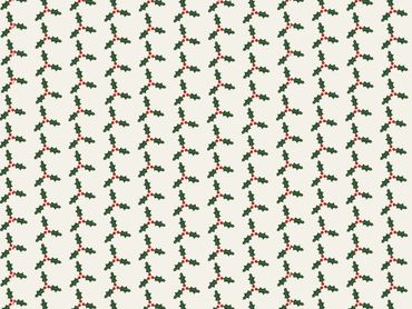 Pattern of green holly leaves with red berries on a light background.