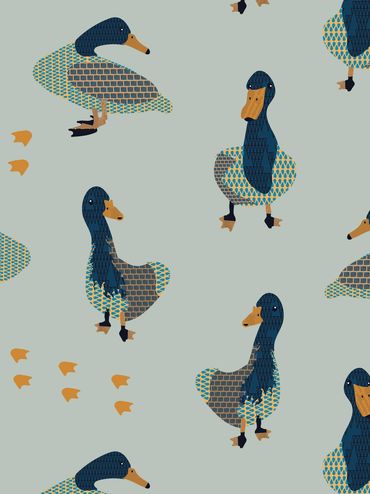 Pattern of stylized ducks with orange beaks and feet on a muted blue background.