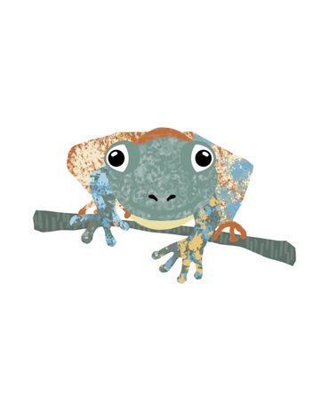A colorful cartoon frog clinging to a branch with wide eyes.