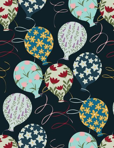 Colorful floral balloons with swirling ribbons on a dark background.