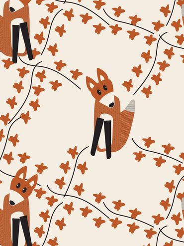 Pattern of stylized foxes and leaves on a beige background.
