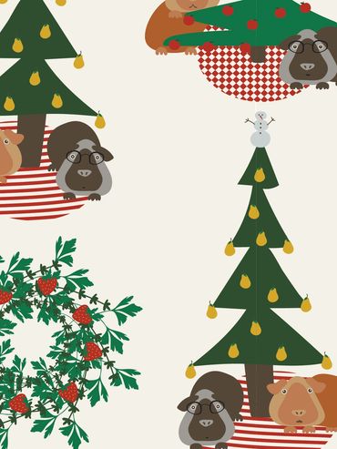 Cute guinea pigs with glasses near decorated Christmas trees and strawberry plants.