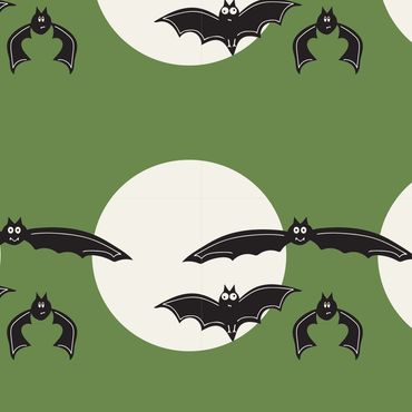 Pattern of cartoon bats flying in front of full moons on green background.