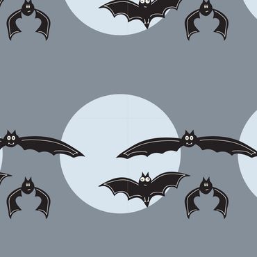 Cartoon bats flying around full moons on a gray background.