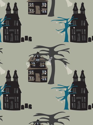 Pattern of haunted houses, spooky trees, and ghosts on a muted background.