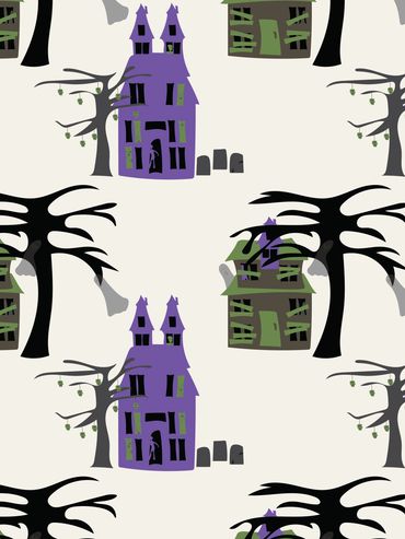 Pattern of spooky haunted houses and eerie trees in Halloween colors.