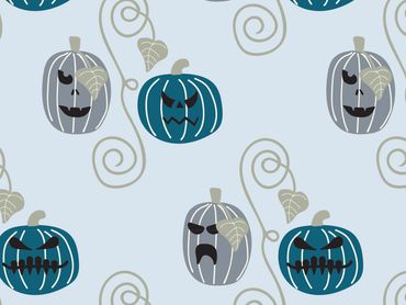 Pattern of blue and gray pumpkins with spooky faces and curling vines on a light background.