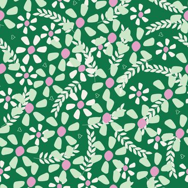 Seamless floral pattern with pink and cream flowers on a green background.