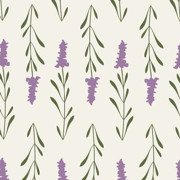 Pattern of purple lavender flowers with green leaves on white background.