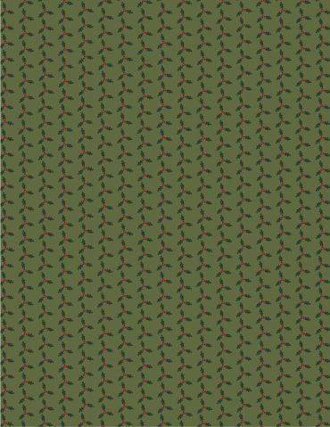 Green fabric with small red and black floral pattern in vertical rows.