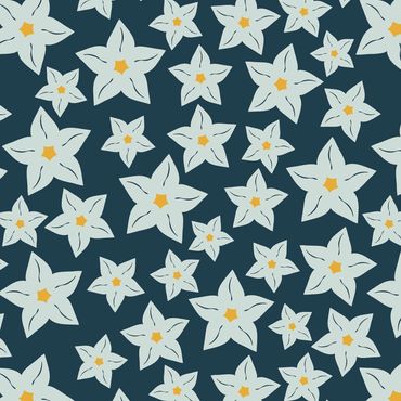 Seamless pattern of white flowers with yellow centers on a dark blue background.
