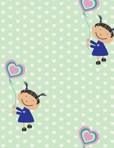 Cute cartoon girls holding heart-shaped balloons on a mint green heart-patterned background.