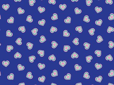 Pattern of colorful hearts on a blue background.