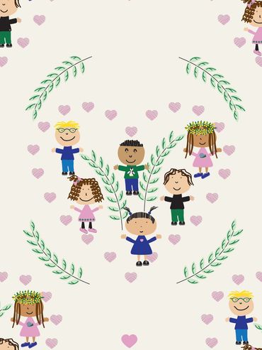 Illustration of diverse children surrounded by hearts and leaves on a beige background.