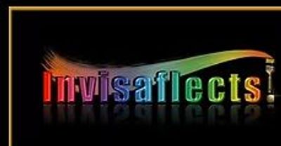 Colorful text 'Invisafflects' with a paintbrush stroke on black background.