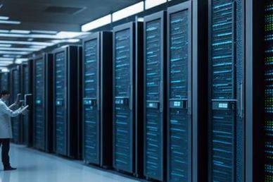 Technician inspecting servers in a large data center with rows of server racks.
