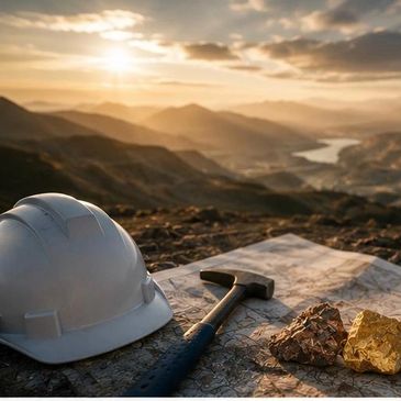 Mining tools and helmet on map with scenic mountain sunrise background.