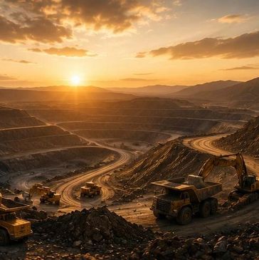 Sunset over an open-pit mining site with heavy machinery.