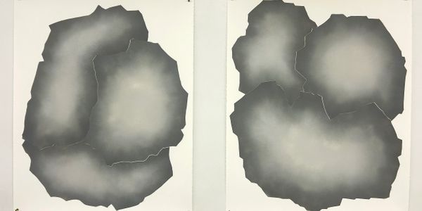 Two abstract gray shapes on adjacent white backgrounds.