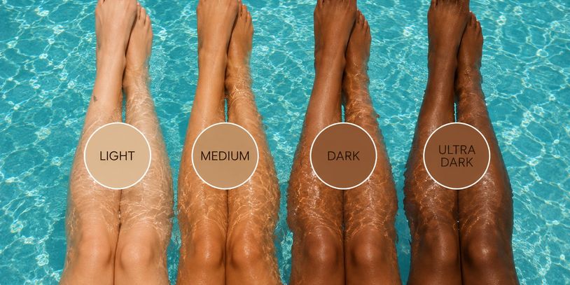 Four pairs of legs in a pool showing different skin tones from light to ultra dark.