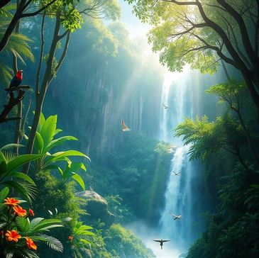 A lush forest with a waterfall and birds flying through sunlit mist.