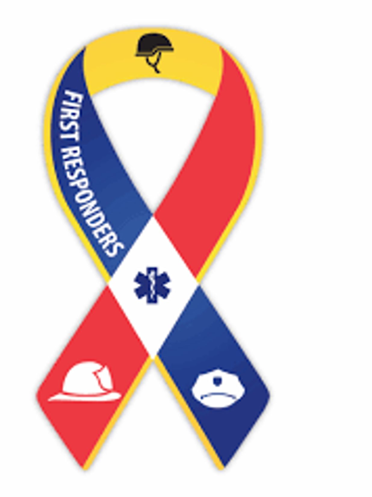 Ribbon honoring first responders with symbols for military, medical, fire, and police.