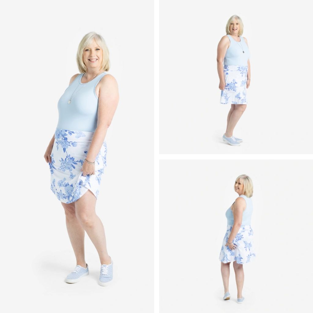 woman standing wearing lularoe hope bodysuit and lularoe skirt