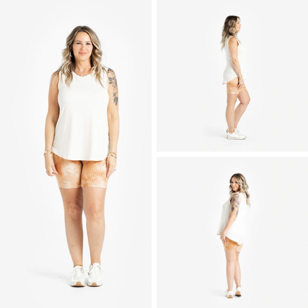 woman standing wearing lularoe cocoa tank and lularoe biker shorts