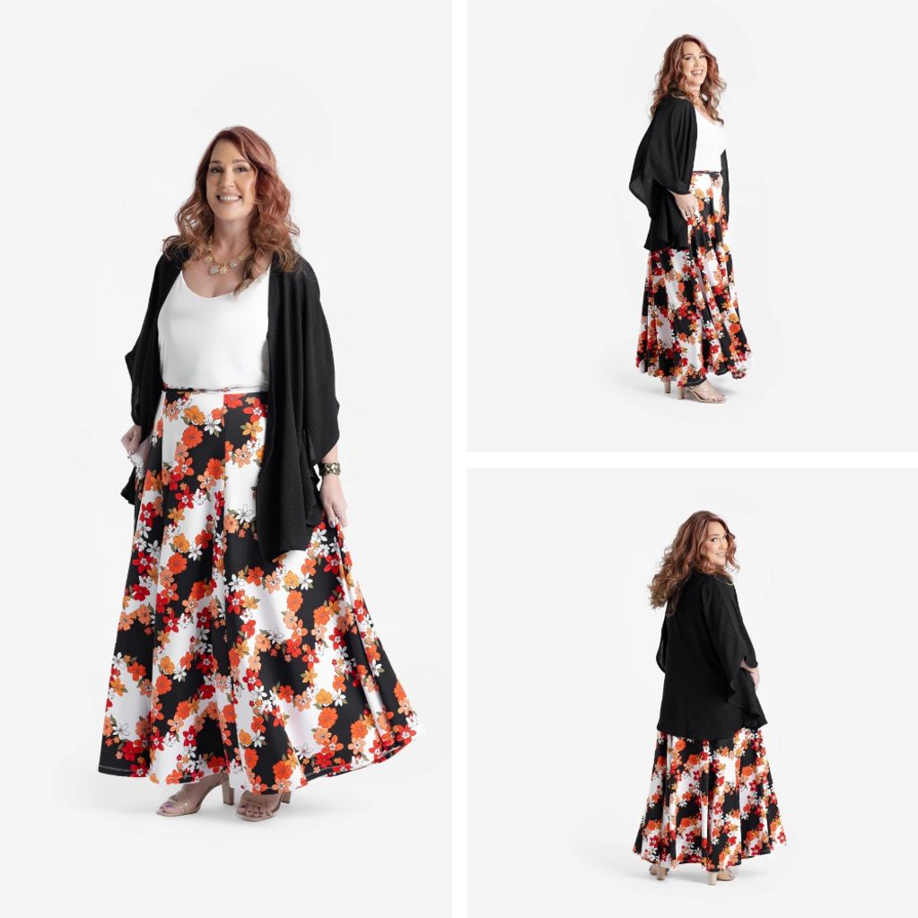 woman standing wearing lularoe skirt and lularoe top