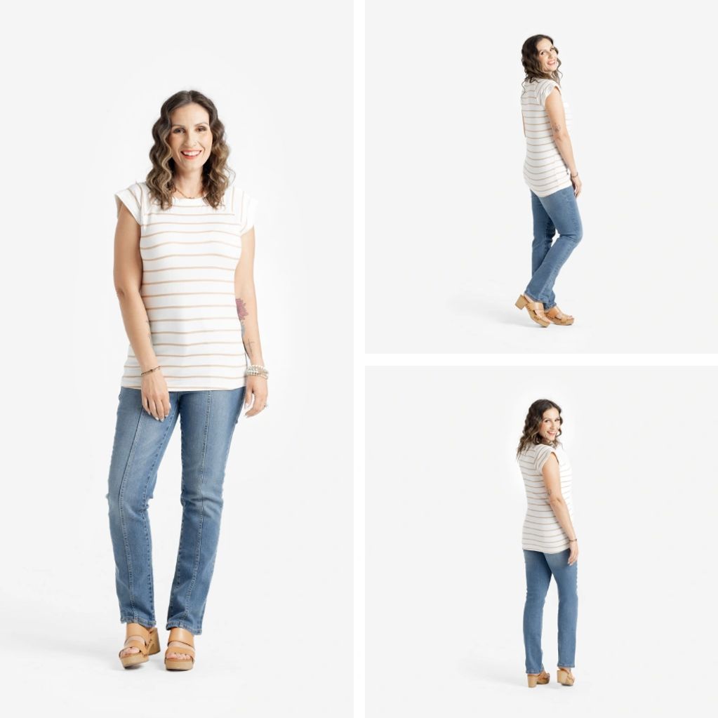 woman standing wearing jeans and lularoe jeans and lularoe Ashley top