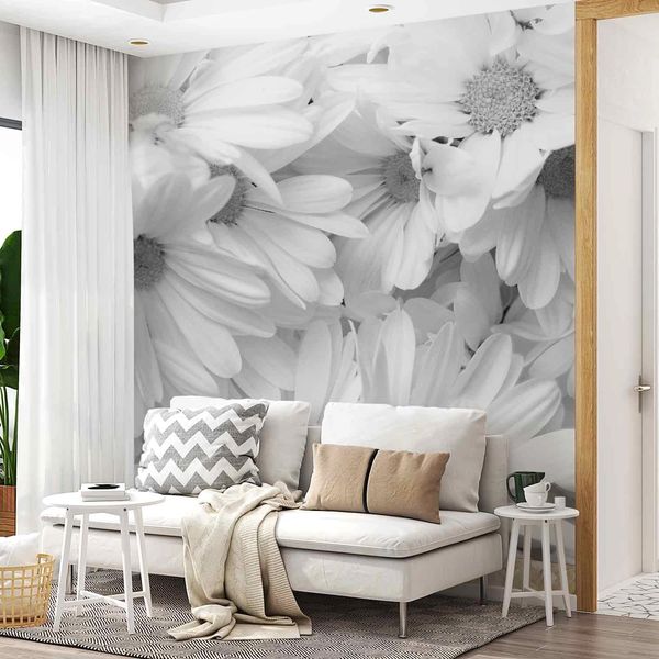 Petit espace salon avec la murale de papier peint Margo par l'artiste Guylaine Marceau