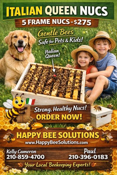 Advertisement for Italian Queen Nucs beekeeping frames with kids and a dog outdoors.