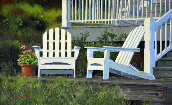 Oil painting of two Adirondack chairs on a cottage patio with a pot of geraniums nearby.